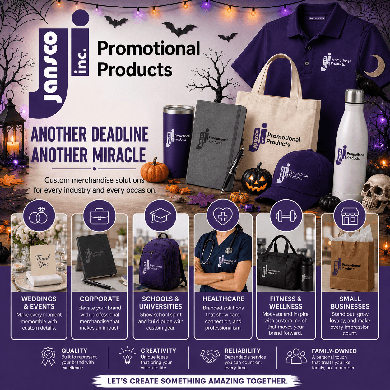 Jansco branded products: polo, tote, tumbler, journal and cap