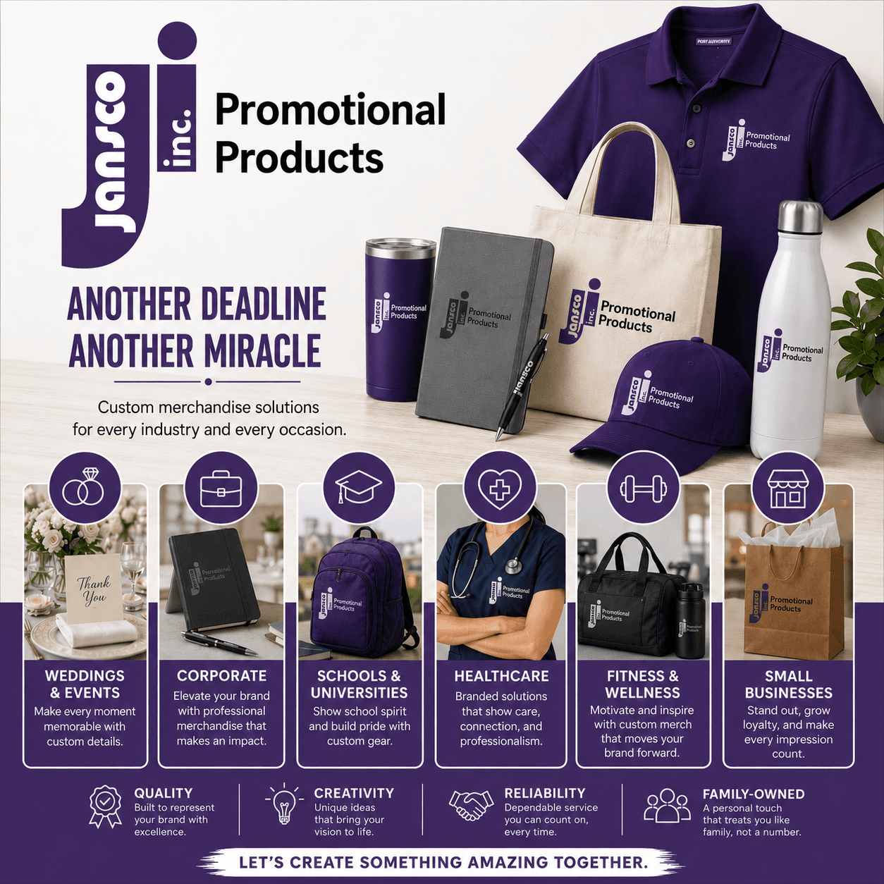 Jansco branded products: polo, tote, tumbler, journal and cap