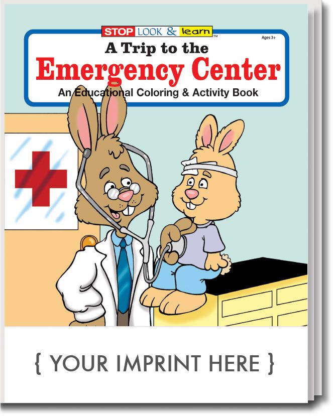 coloring book with two bunnies one a doctor and one a kid "a trip to the emergency clinic an educational color & activity book" imprinted on the front